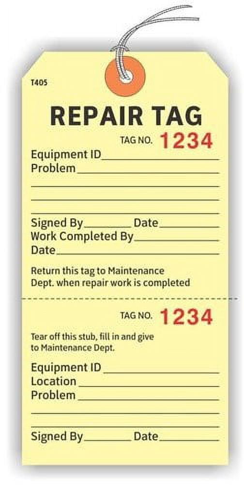 REPAIR TAGS, Equipment ID, Randomly Numbered, Manila Cardstock with Stub and String, 2.875 x 5.75 inches - Pack of 100 Repair Tags