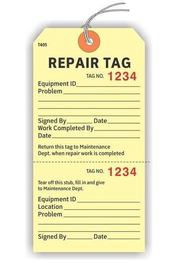 REPAIR TAGS, Equipment ID, Randomly Numbered, Manila Cardstock with Stub and String, 2.875 x 5.75 inches - Pack of 100 Repair Tags