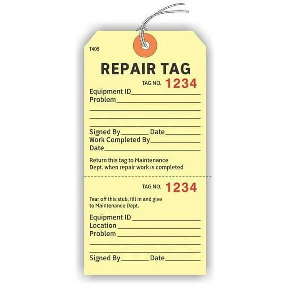 REPAIR TAGS, Equipment ID, Randomly Numbered, Manila Cardstock with Stub and String, 2.875 x 5.75 inches - Pack of 100 Repair Tags