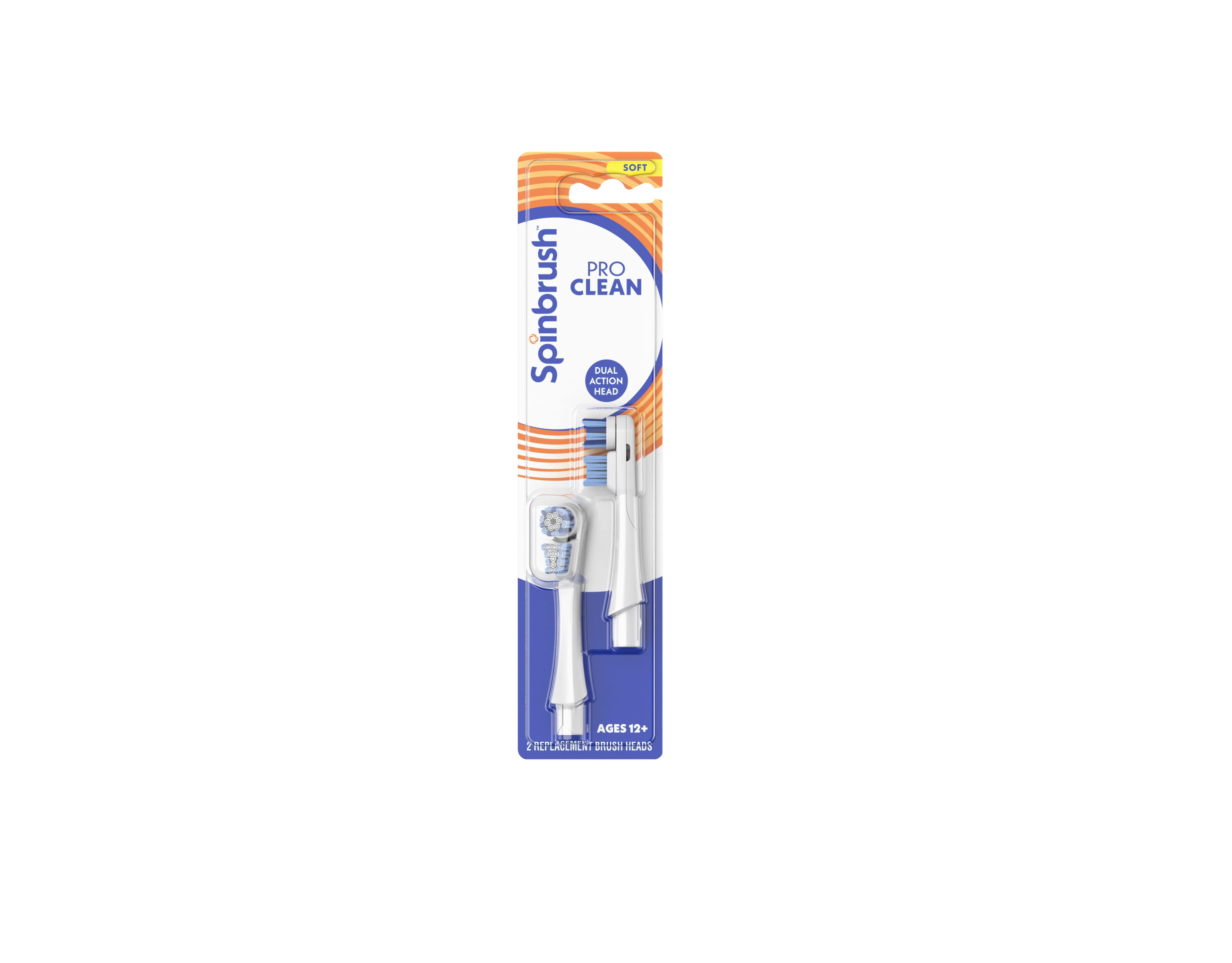 Spinbrush Pro Clean Replacement Heads, Battery Powered Electric Toothbrush Refills, Soft Bristles, 2 Count