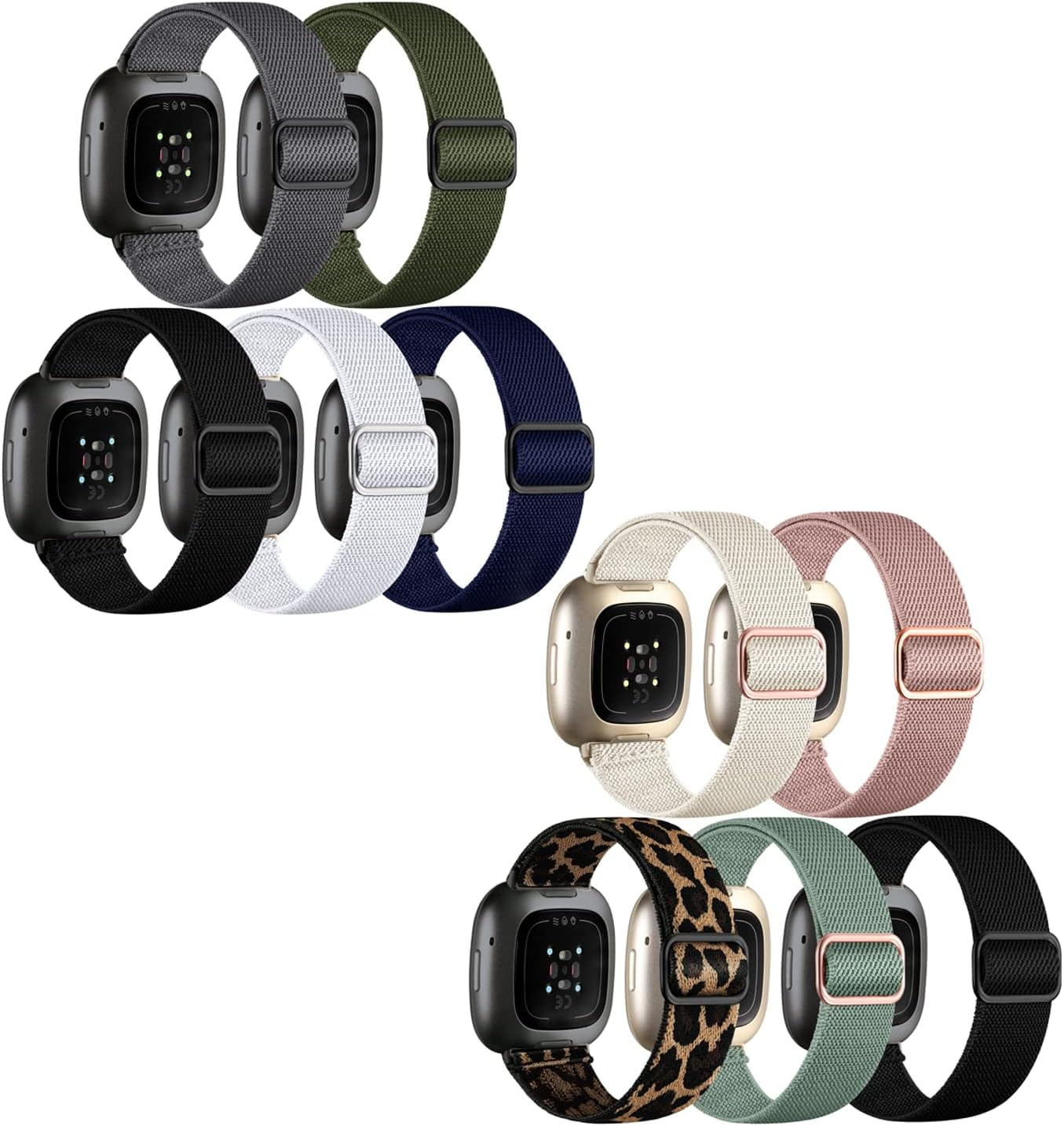 REQO 10 Pack for Fitbit Versa 3 Bands/Fitbit Versa 4 Band/Fitbit Sense Bands for Men Women, Adjustable Stretchy Solo Loop Elastic Nylon Sport Strap for SmartWatch Replacement