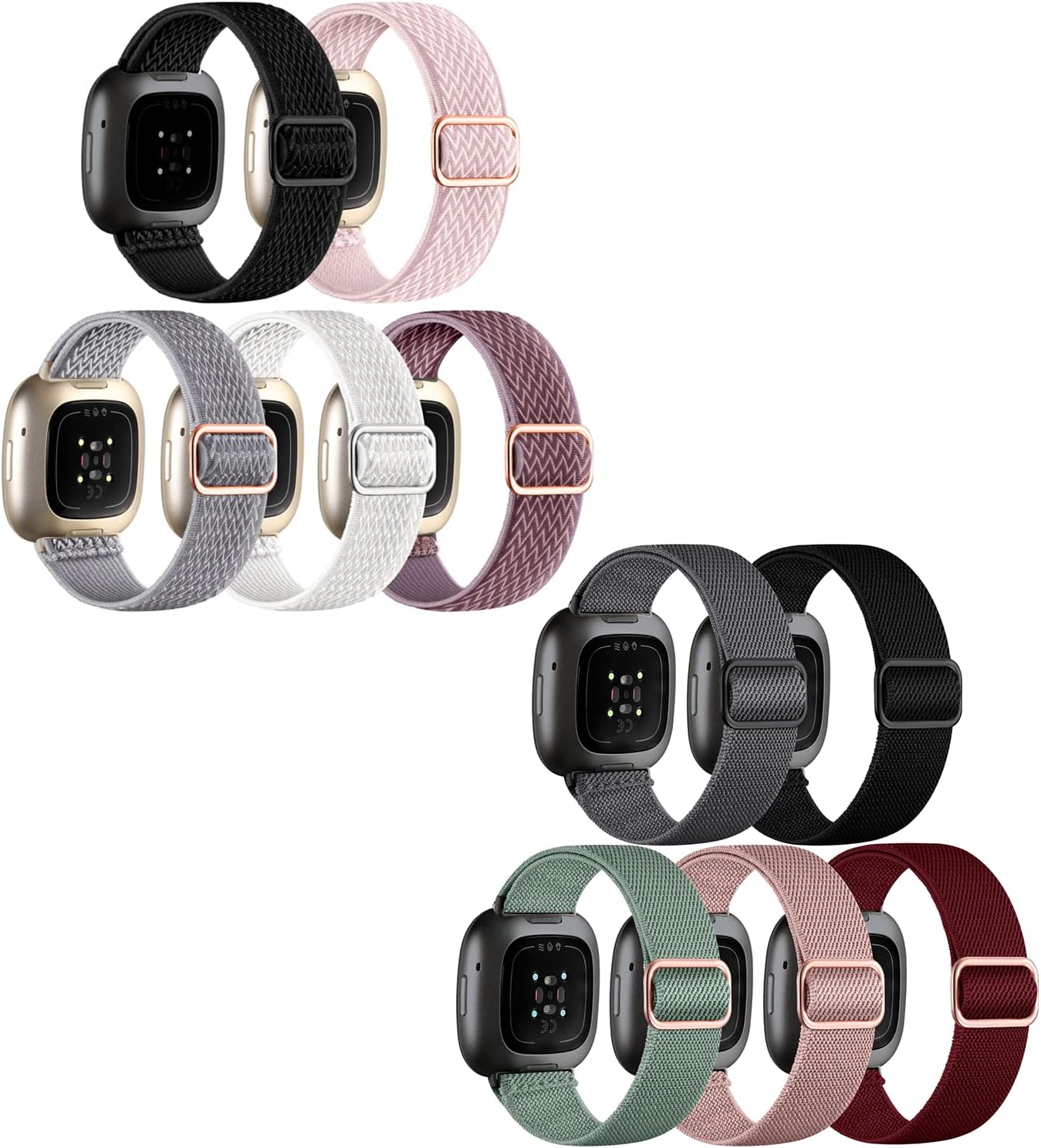 REQO 10 Pack for Fitbit Versa 3 Bands/Fitbit Versa 4 Band/Fitbit Sense Bands for Men Women, Adjustable Stretchy Solo Loop Elastic Nylon Sport Strap for SmartWatch Replacement