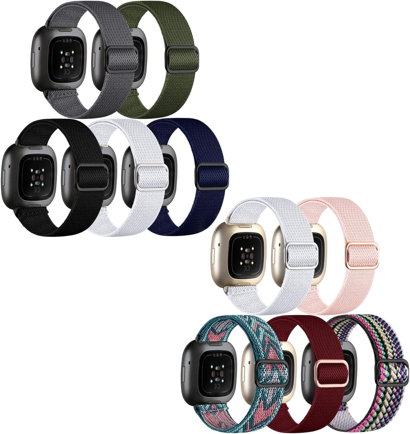 REQO 10 Pack for Fitbit Versa 3 Bands/Fitbit Versa 4 Band/Fitbit Sense Bands for Men Women, Adjustable Stretchy Solo Loop Elastic Nylon Sport Strap for SmartWatch Replacement