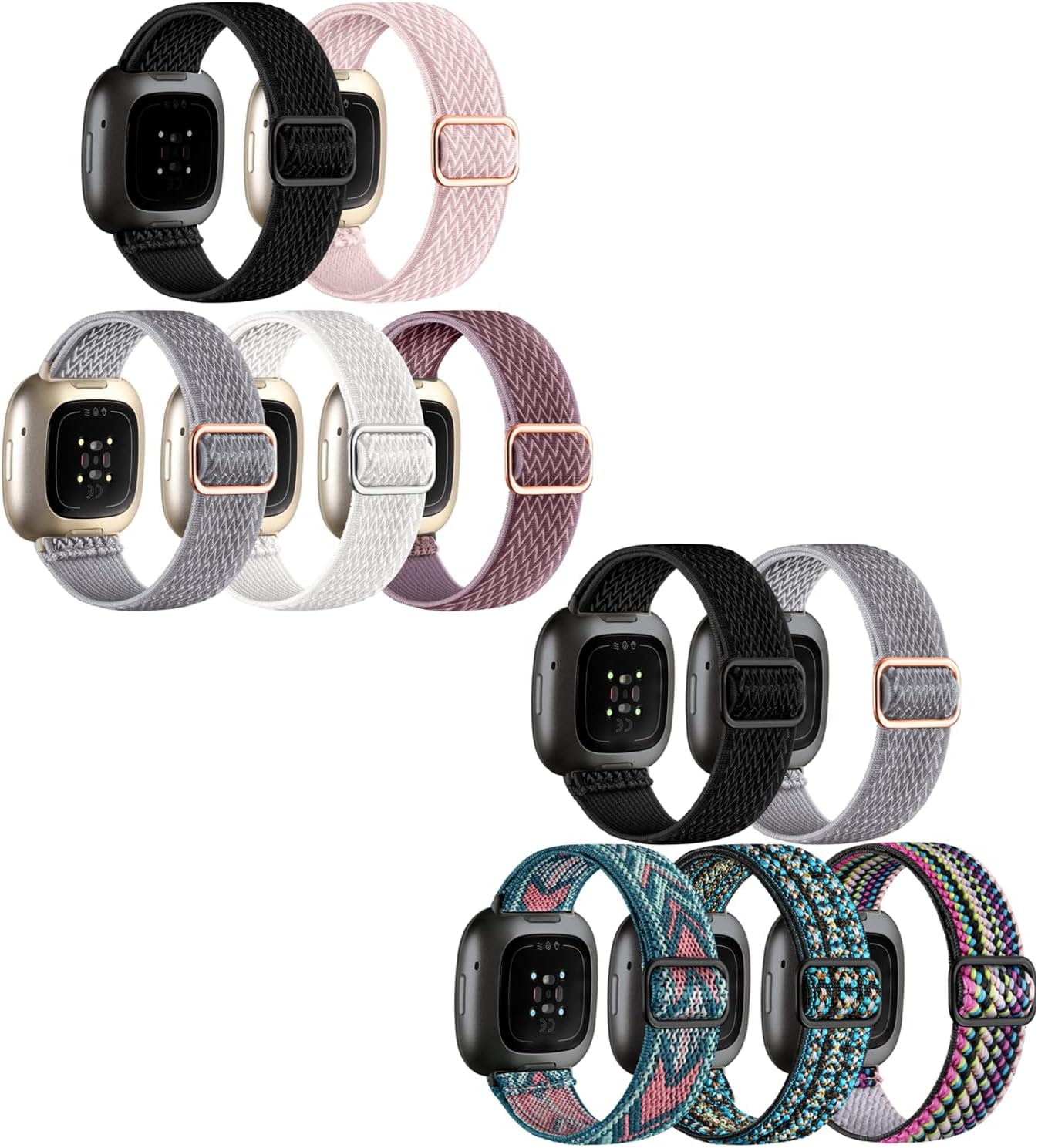 REQO 10 Pack for Fitbit Versa 3 Bands/Fitbit Versa 4 Band/Fitbit Sense Bands for Men Women, Adjustable Stretchy Solo Loop Elastic Nylon Sport Strap for SmartWatch Replacement