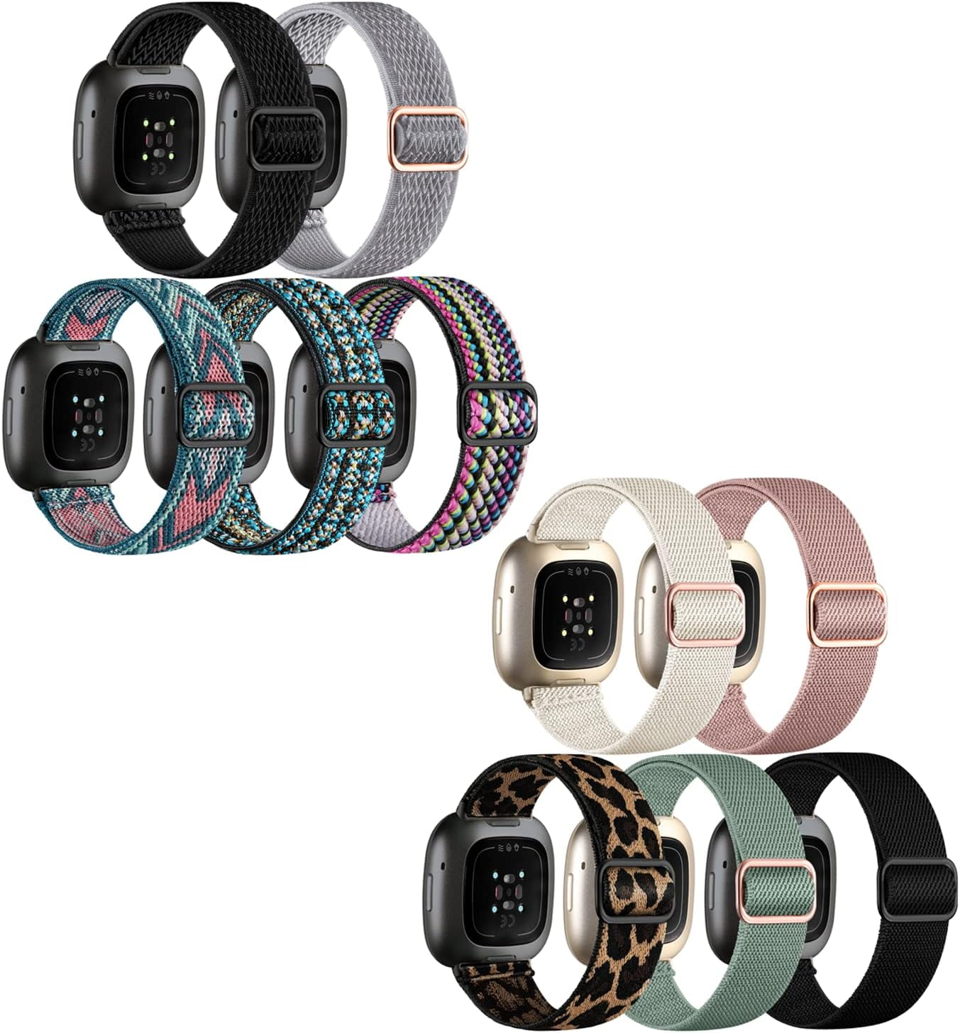 REQO 10 Pack for Fitbit Versa 3 Bands/Fitbit Versa 4 Band/Fitbit Sense Bands for Men Women, Adjustable Stretchy Solo Loop Elastic Nylon Sport Strap for SmartWatch Replacement