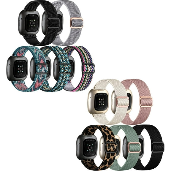 REQO 10 Pack for Fitbit Versa 3 Bands/Fitbit Versa 4 Band/Fitbit Sense Bands for Men Women, Adjustable Stretchy Solo Loop Elastic Nylon Sport Strap for SmartWatch Replacement