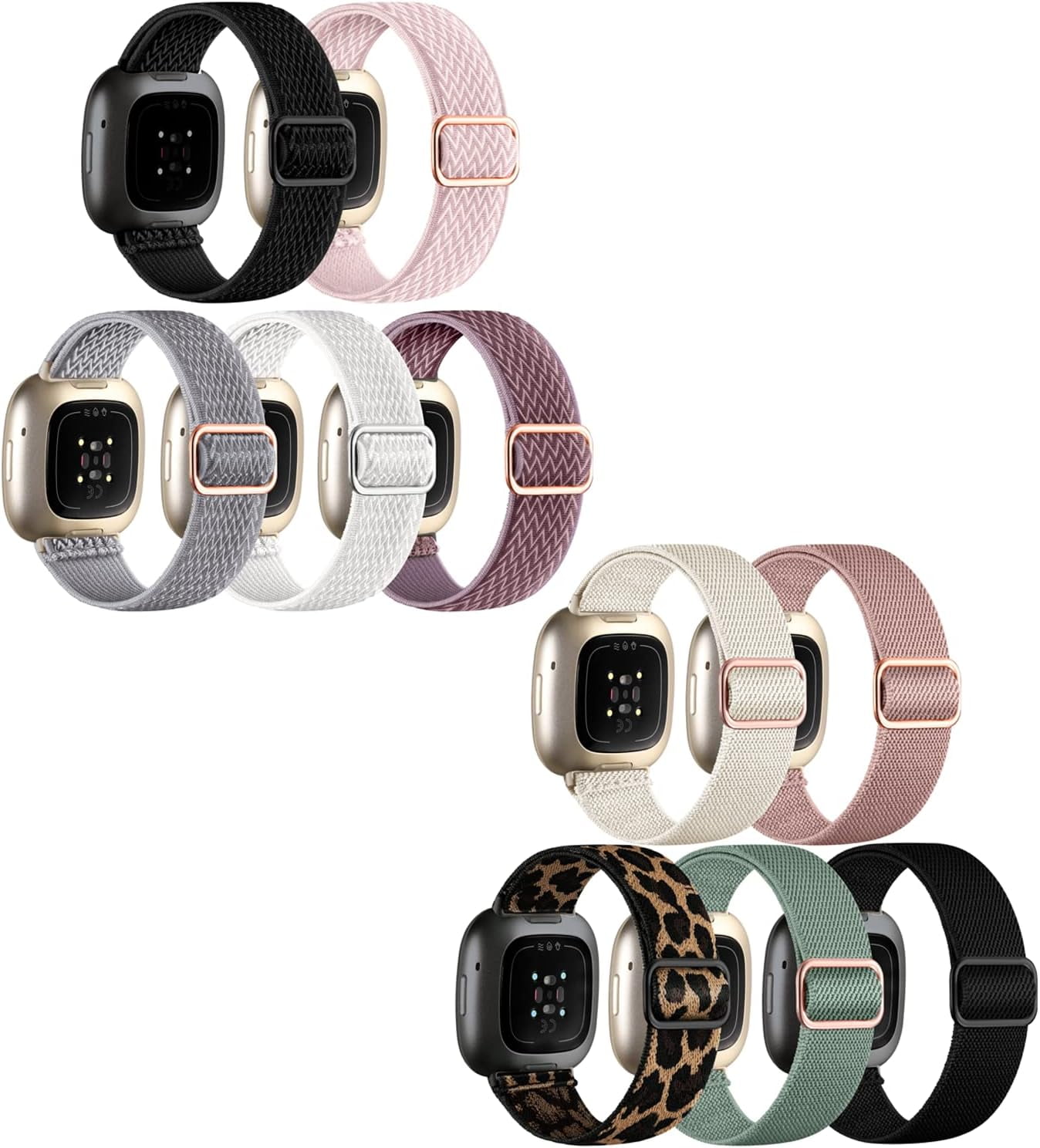 REQO 10 Pack for Fitbit Versa 3 Bands/Fitbit Versa 4 Band/Fitbit Sense Bands for Men Women, Adjustable Stretchy Solo Loop Elastic Nylon Sport Strap for SmartWatch Replacement