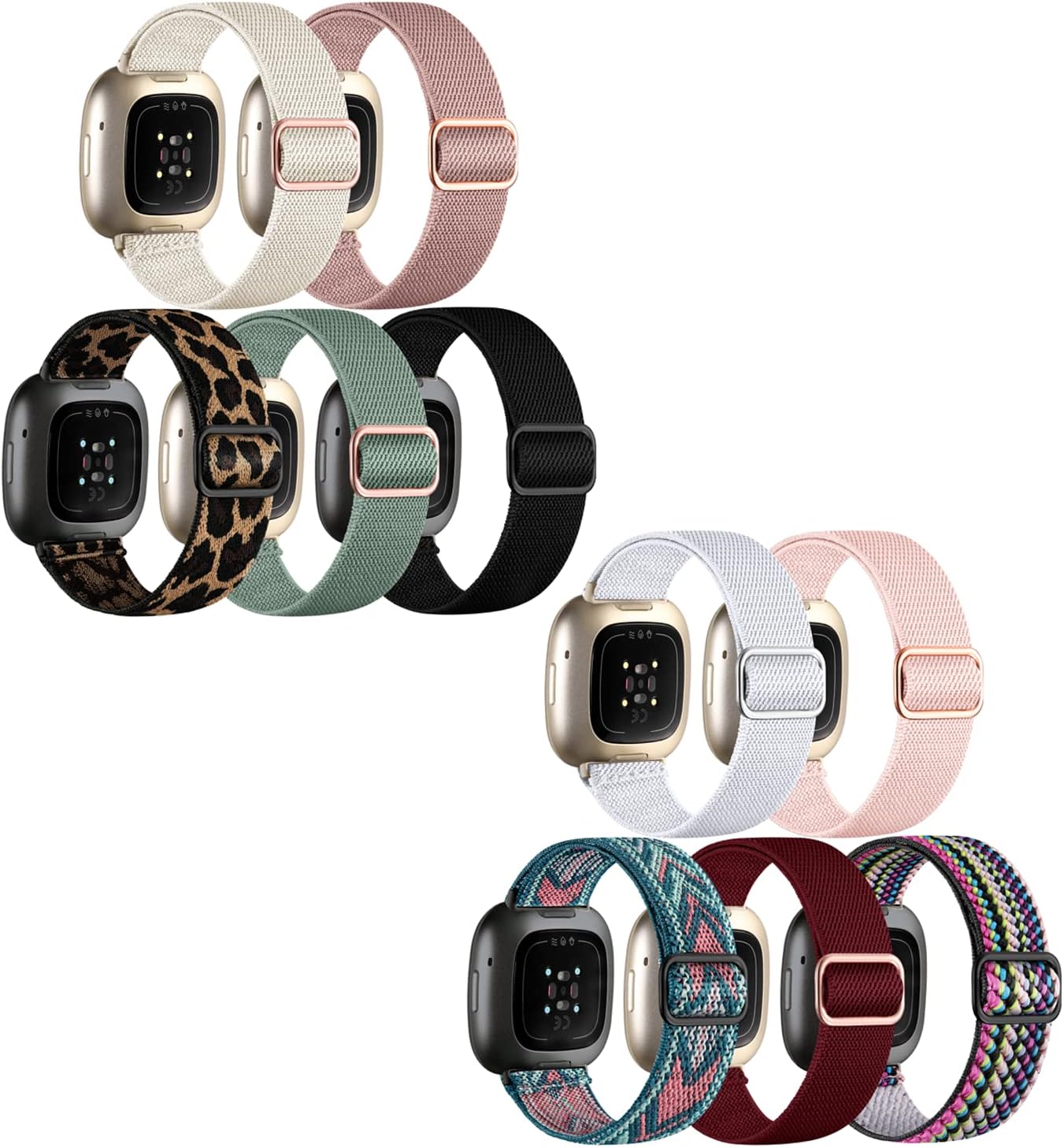 REQO 10 Pack for Fitbit Versa 3 Bands/Fitbit Versa 4 Band/Fitbit Sense Bands for Men Women, Adjustable Stretchy Solo Loop Elastic Nylon Sport Strap for SmartWatch Replacement
