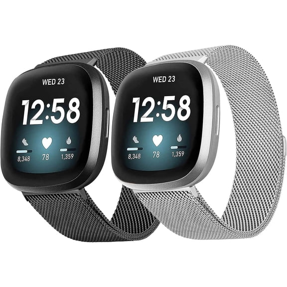 REQO 2Pack Metal Bands Compatible with Fitbit Versa 3 /Fitbit Versa 4 /Fitbit Sense 2 /Fitbit Sense Bands for Women Men, Stainless Steel Metal Adjustable Strap Replacement for Versa 3/Fitbit Sense