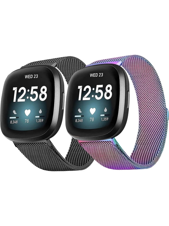 2Pack Metal Bands Compatible with Fitbit Versa 3 /Fitbit Versa 4 /Fitbit Sense 2 /Fitbit Sense Bands for Women Men, Stainless Steel Metal Adjustable Strap Replacement for Versa 3/Fitbit Sense