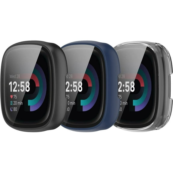 REQO 3 Pack All-Around Screen Protector Case for Fitbit Versa 4/Sense 2, Full PC Protective Cover Shell Case with Screen Protector Bumper for Fitbit Versa 4/Sense 2