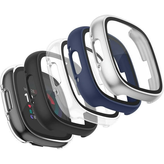 REQO 4-Pack Screen Protector Tempered Glass Case for Fitbit Sense 2 / Versa 4, Full Around Hard PC Case with Sensitive Touch Film Protective Case