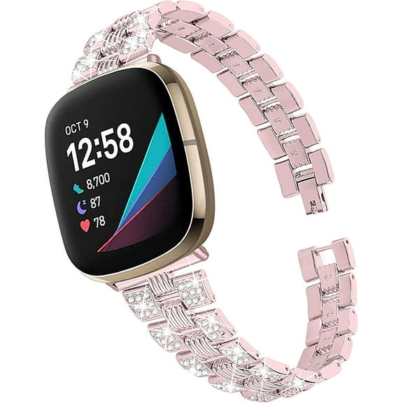REQO Bands Compatible with Fitbit Versa 4/Versa 3/Sense/Sense 2 Replacement Stainless Steel Metal Wrisabnd Accessory Fitness Bands Straps Bracelet Sparkling Crystal Adjustable Straps Bracelet