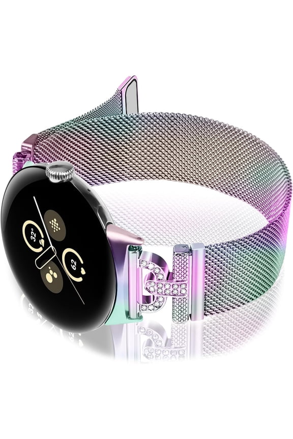 Bands Compatible with Google Pixel 2 1 Watch Bands, D-shaped with Diamonds Mesh Loop Magnetic Strap for Pixel Watch Bands for Women Men