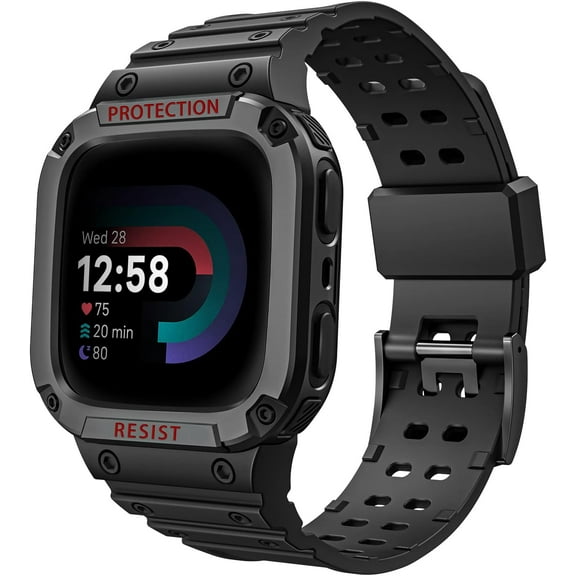 REQO Bands with Case Compatible with Fitbit Versa 4/3/2/1/Versa Lite/Fitbit Sense 2/Sense, Protective Case Strap Rugged Sport Band Men