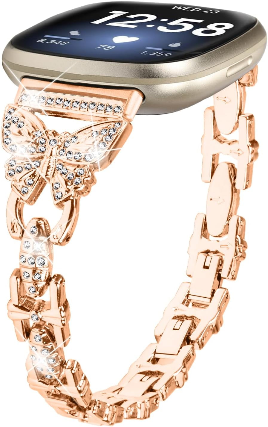REQO Bling Bands Compatible with Fitbit Versa 4/Sense 2/Versa 3/Sense, Shinny Metal Bracelet Straps Luxurious Rhinestone Replacement Wristband for Women