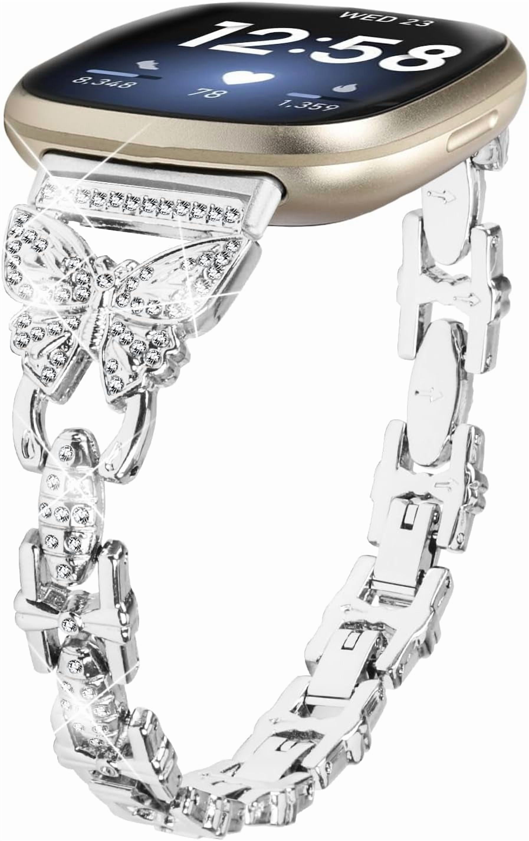 REQO Bling Bands Compatible with Fitbit Versa 4/Sense 2/Versa 3/Sense, Shinny Metal Bracelet Straps Luxurious Rhinestone Replacement Wristband for Women