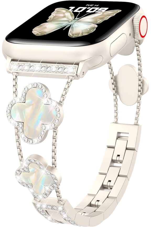 Bling Diamond Band Compatible with Apple Watch Bands for Women 40mm 41mm 38mm 42mm Series 10 9 8 7 6 5 4 3 2 1 SE, Sparkle Metal Bracelet Wristband, Cute Lucky Clover Dressy iWatch Band