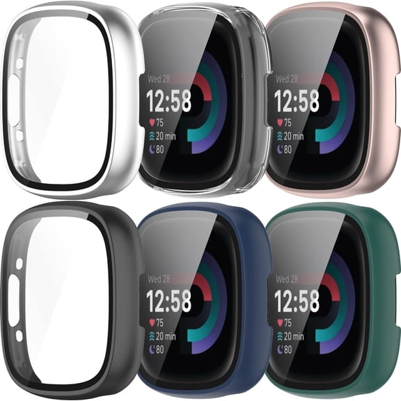 REQO Case Cover Compatible with Fitbit Versa 4/Sense 2 Screen Protector Tempered Glass All-Around Hard PC Smartwatch Accessory Protective Cases for Versa 4/Sense 2