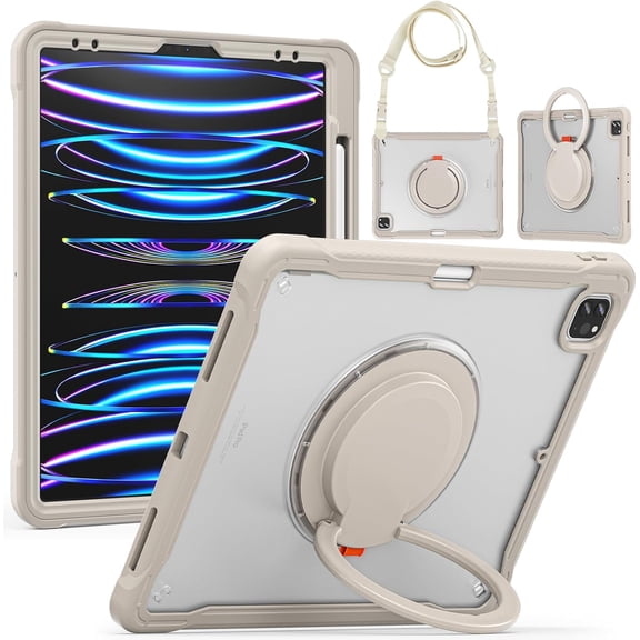 REQO Case for IPad Pro 12.9 Inch 2022,2021,2020&2018(6th,5th,4th&3rd Generation) 2-Layer Structure Portable Hybrid Shock-Proof Cover Rotatable Hook&Loop Kickstand,Shoulder Strap.
