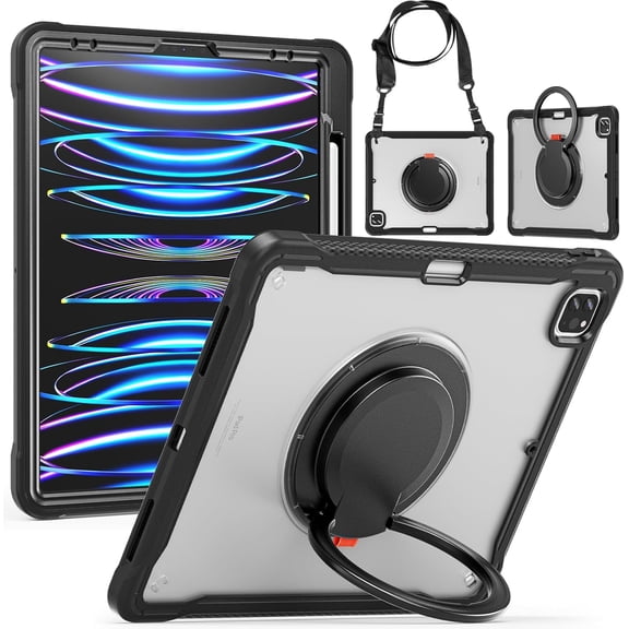 REQO Case for IPad Pro 12.9 Inch 2022,2021,2020&2018(6th,5th,4th&3rd Generation) 2-Layer Structure Portable Hybrid Shock-Proof Cover Rotatable Hook&Loop Kickstand,Shoulder Strap.