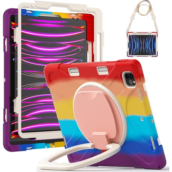 REQO Case for IPad Pro 12.9 Inch 2022, 2021, 2020 & 2018 with Pencil Holder/Rotating Stand/Handle Strap, Shoulder Strap Rugged Silicone Protective Cover.