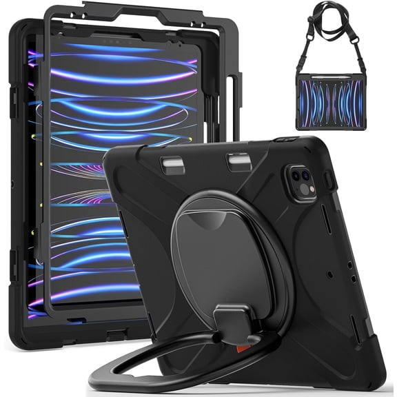 REQO Case for IPad Pro 12.9 Inch 2022, 2021, 2020 & 2018 with Pencil Holder/Rotating Stand/Handle Strap, Shoulder Strap Rugged Silicone Protective Cover.