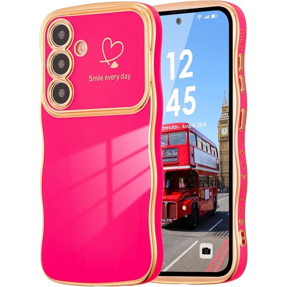 REQO Case for Samsung Galaxy A17 5G Case, Curly Wave Shape Plating Frame Cute Love Heart Cover for Girls Women, Full Camera Lens Protection Soft Durable TPU Shockproof Bumper
