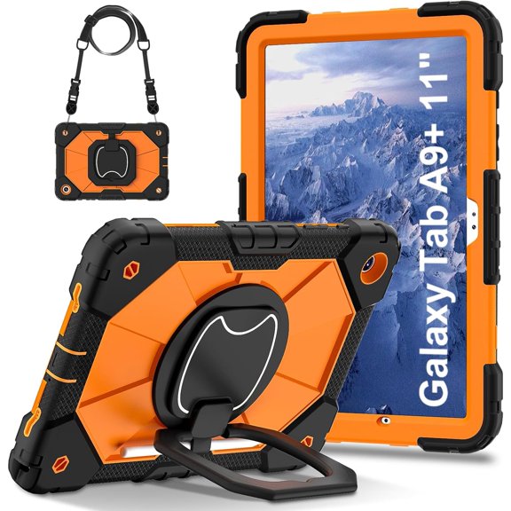 REQO Case for Samsung Galaxy Tab A9 Plus 11 Inch 2023:3-Layer Structure Portable Hybrid Shock-Proof Cover with Rotatable Kickstand,Shoulder Strap