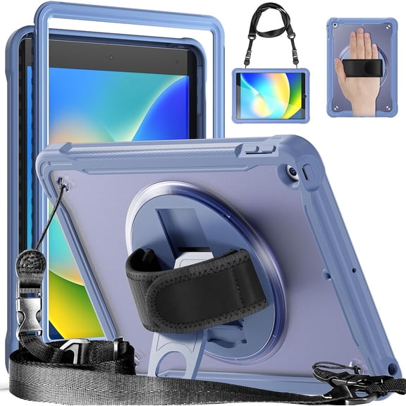 REQO Case for iPad 9th/8th/7th Generation 10.2 inch (2021/2020/2019):with Portable Hybrid Shock-Proof Cover, 360° Swiveling Stand & Hand Strap,Shoulder Strap