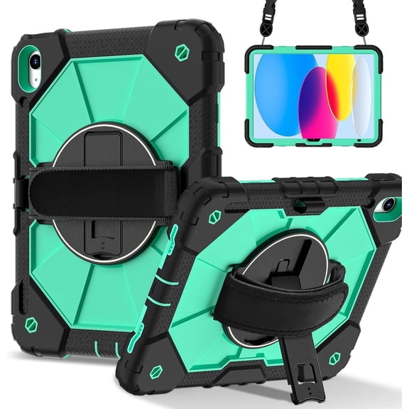 REQO Case for iPad A19 12th/A16 11th（2026/2025） Shockproof Case Heavy Duty Hybrid Cover Rotatable Stand, Detachable Strap & Built-in Pencil Holder, Anti-Scratch Silicone PC Armor