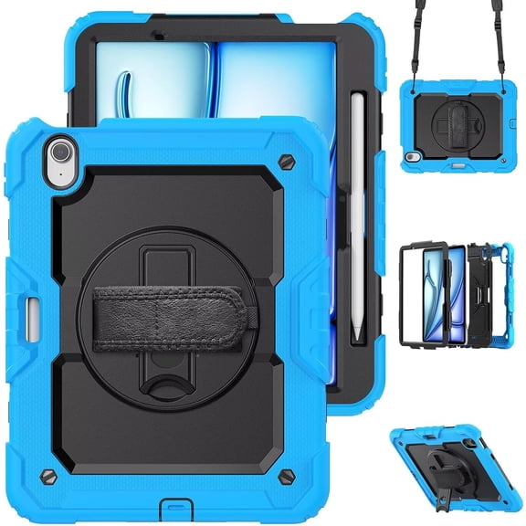 REQO Case for iPad Air 13" (M3) 2025,Built-in Protective Film Shockproof Wrist Strap Rotating Kickstand Tablets Protective Cover Case with Shoulder Rope for iPad Air 13" (M3) 2025