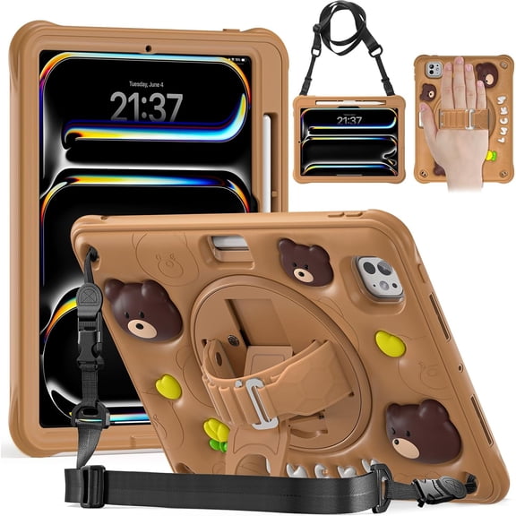 REQO Case for iPad Pro 11 inch 2024 Silicone Durable Multi-Layer Protection, 360° Rotating Hand Strap and Kickstand, Built-in Pen Slot, Safe and Fun Use