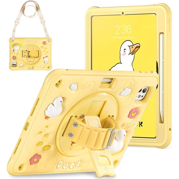 REQO Case for iPad Pro 11 inch 2024 Silicone Durable Multi-Layer Protection, 360° Rotating Hand Strap and Kickstand, Built-in Pen Slot, Safe and Fun Use