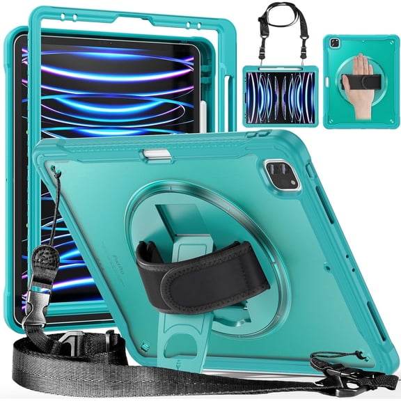 REQO Case for iPad Pro 12.9 inch 2022,2021,2020&2018(6th,5th,4th&3rd Generation) with Pen Holder Portable Hybrid Shock-Proof Cover,360°Swiveling Stand&Hand Strap