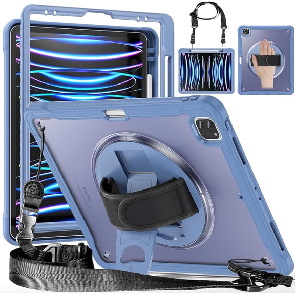 REQO Case for iPad Pro 12.9 inch 2022,2021,2020&2018(6th,5th,4th&3rd Generation) with Pen Holder Portable Hybrid Shock-Proof Cover,360°Swiveling Stand&Hand Strap
