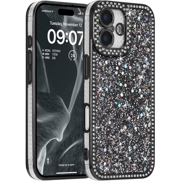 REQO Case for iPhone 16,Glitter Crystal Rhinestones Sequin Shiny Bling Sparkly Glossy Luxury Electroplated Case,Aesthetic Cute Full Protection for iPhone 16