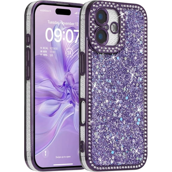 REQO Case for iPhone 16,Glitter Crystal Rhinestones Sequin Shiny Bling Sparkly Glossy Luxury Electroplated Case,Aesthetic Cute Full Protection for iPhone 16