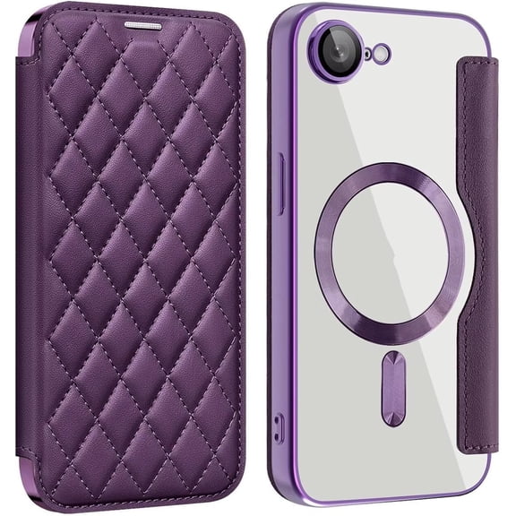 REQO Case for iPhone 16E,Luxury Grid Plating Drop Protection Anti Theft Flip Leather Wallet Card Holder Shockproof with Wireless Charge Phone Case for iPhone 16E,6.1 Inch 2025