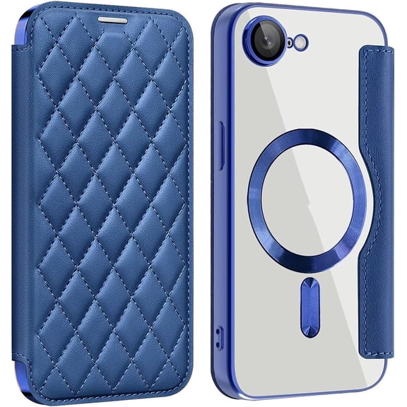 REQO Case for iPhone 16E,Luxury Grid Plating Drop Protection Anti Theft Flip Leather Wallet Card Holder Shockproof with Wireless Charge Phone Case for iPhone 16E,6.1 Inch 2025