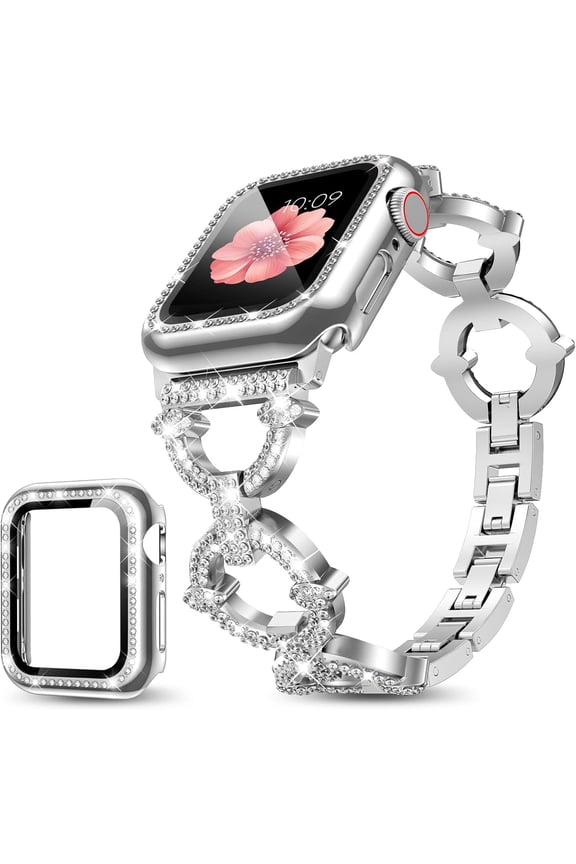 Compatible with Apple Watch Band 38mm 40mm 41mm 42mm 44mm 45mm 46mm, Women Bling Jewelry Bands with Tempered Glass Screen Protector Case, Shiny Strap for iWatch Series 10/9/8/7/6/5/4/3/2/1/SE