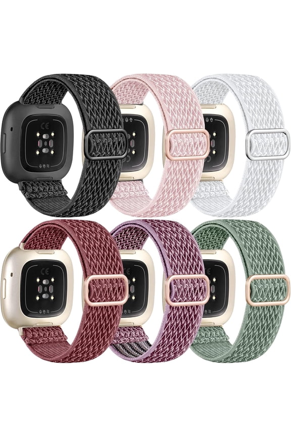 Compatible with Fitbit Sense 2 Bands/Sense/Versa 3/Versa 4 Bands for Women, Water-Resistant Solo Loop Elastic Nylon Sport Strap Compatible with Fitbit Smartwatch, 6 Pack