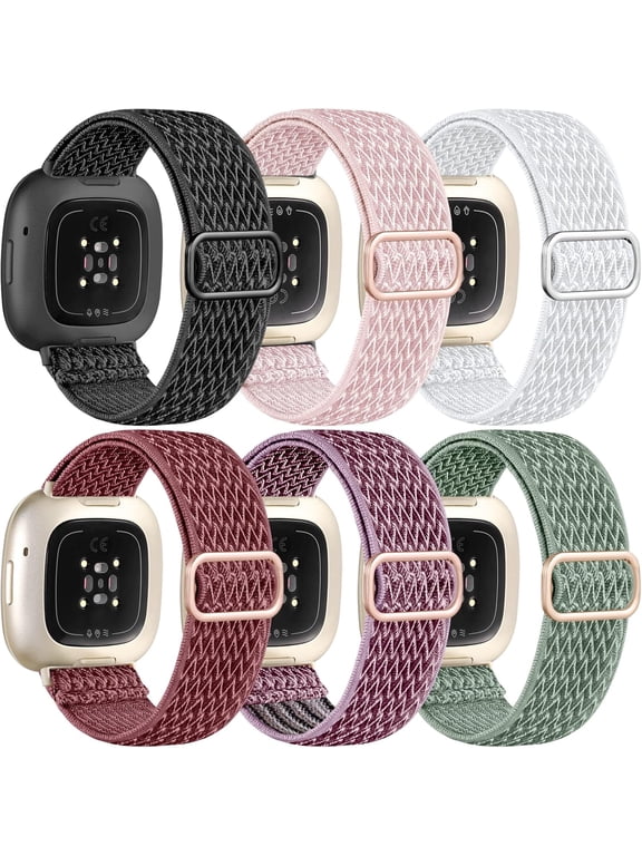 Compatible with Fitbit Sense 2 Bands/Sense/Versa 3/Versa 4 Bands for Women, Water-Resistant Solo Loop Elastic Nylon Sport Strap Compatible with Fitbit Smartwatch, 6 Pack