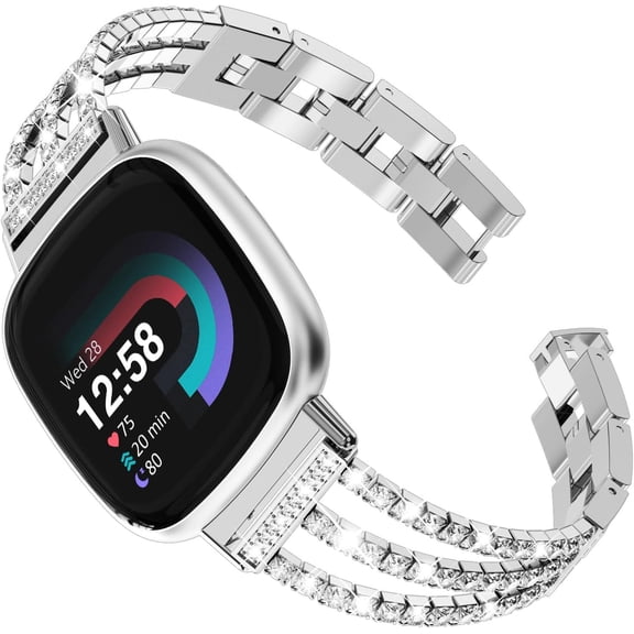 REQO Compatible with Fitbit Versa 3/Fitbit Versa 4 Chain with Crystal Bling Metal Link Bracelet Strap Steel Fitbit Sense/Fitbit Sense 2 Band for Women