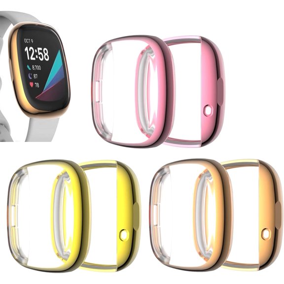 REQO Compatible with Fitbit Versa 3 & Sense Screen Protector Case Cover Plating Process Metal Color TPU Full Shockproof Case Guard Thin Bumper Shell for Versa 3 & Sense Smartwatch