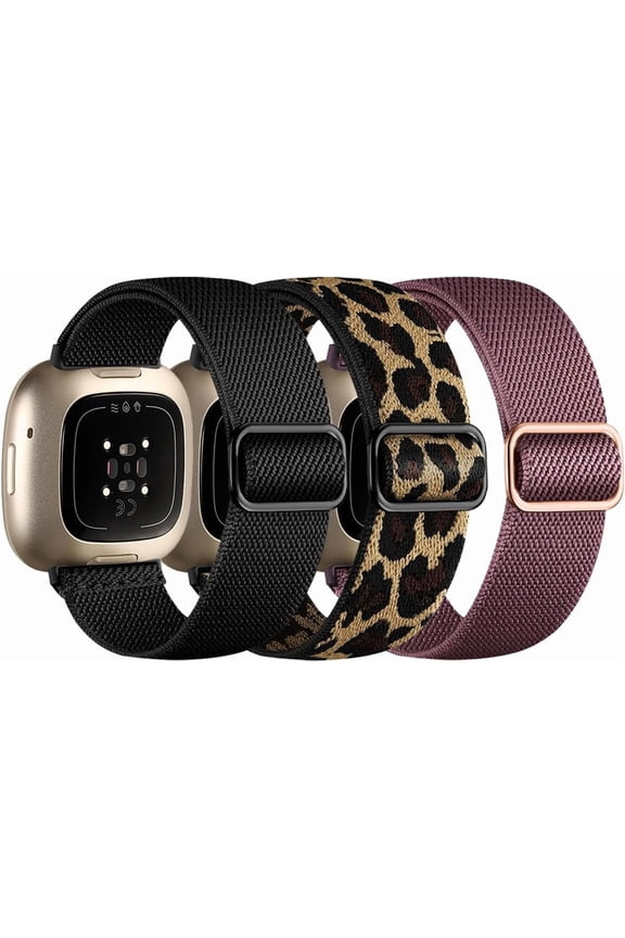 Compatible with Fitbit Versa 4 Bands for Woman/Sense 2/Sense/Versa 3 Bands, 3 Pack Stretchy Nylon Sport Strap Replacement Band for Fitbit Sense 2/Fitbit Versa 4 Bands Women Men