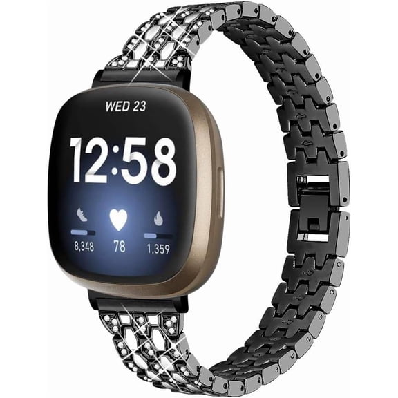 REQO Compatible with Fitbit Versa 4＆Versa 3 Bands, Adjustable Stainless Steel with Diamonds Bands Replacement Ceramic Inlaid Metal Bracelet for Fitbit Versa 4＆Versa 3 Accessories
