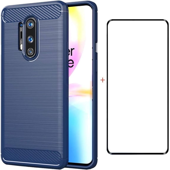 REQO Compatible with OnePlus 8 Pro One Plus 8Pro 5G Case and Tempered Glass Screen Protector Accessories Slim Soft Silicone Phone Covers for On 1Plus 1 + Plus8 1+ OnePlus8Pro Carbon Fiber Navy Blue