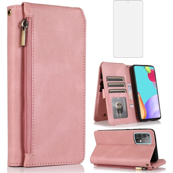 REQO Compatible with Samsung Galaxy A52/A52S 5G Wallet Case Tempered Glass Screen Protector Zipper Leather Flip Cover Card Holder Stand Cell Accessories for A 52 S 4G G5 52A S52 52S Women Men