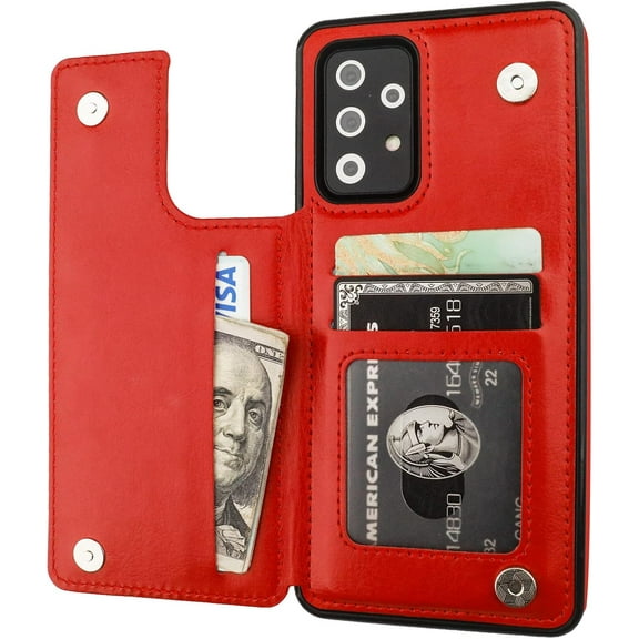 REQO Compatible with Samsung Galaxy A52 Wallet Case with Card Holder, PU Leather Kickstand Card Slots Case, Double Magnetic Clasp and Durable Shockproof Cover 5G 6.5 Inch(Red)
